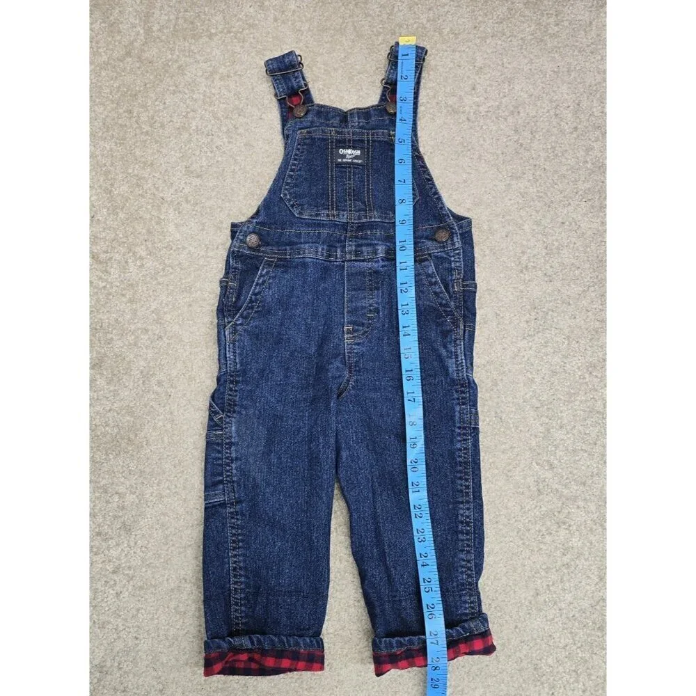 Oshkosh B’Gosh Bib Overalls Size 3T Plaid Cuffs Adjustable Straps Blue Denim